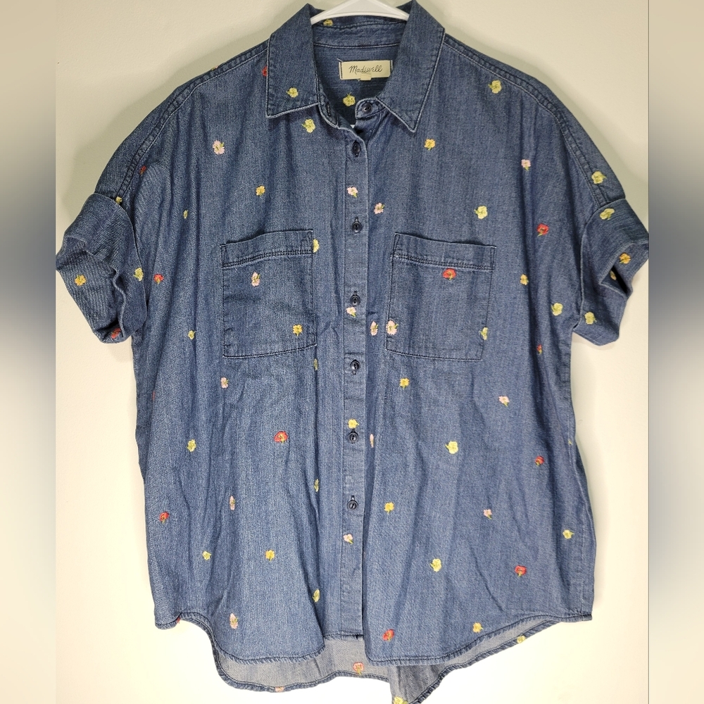 Madewell Denim Collared Embroidered Floral Oversized Top Size MEDIUM